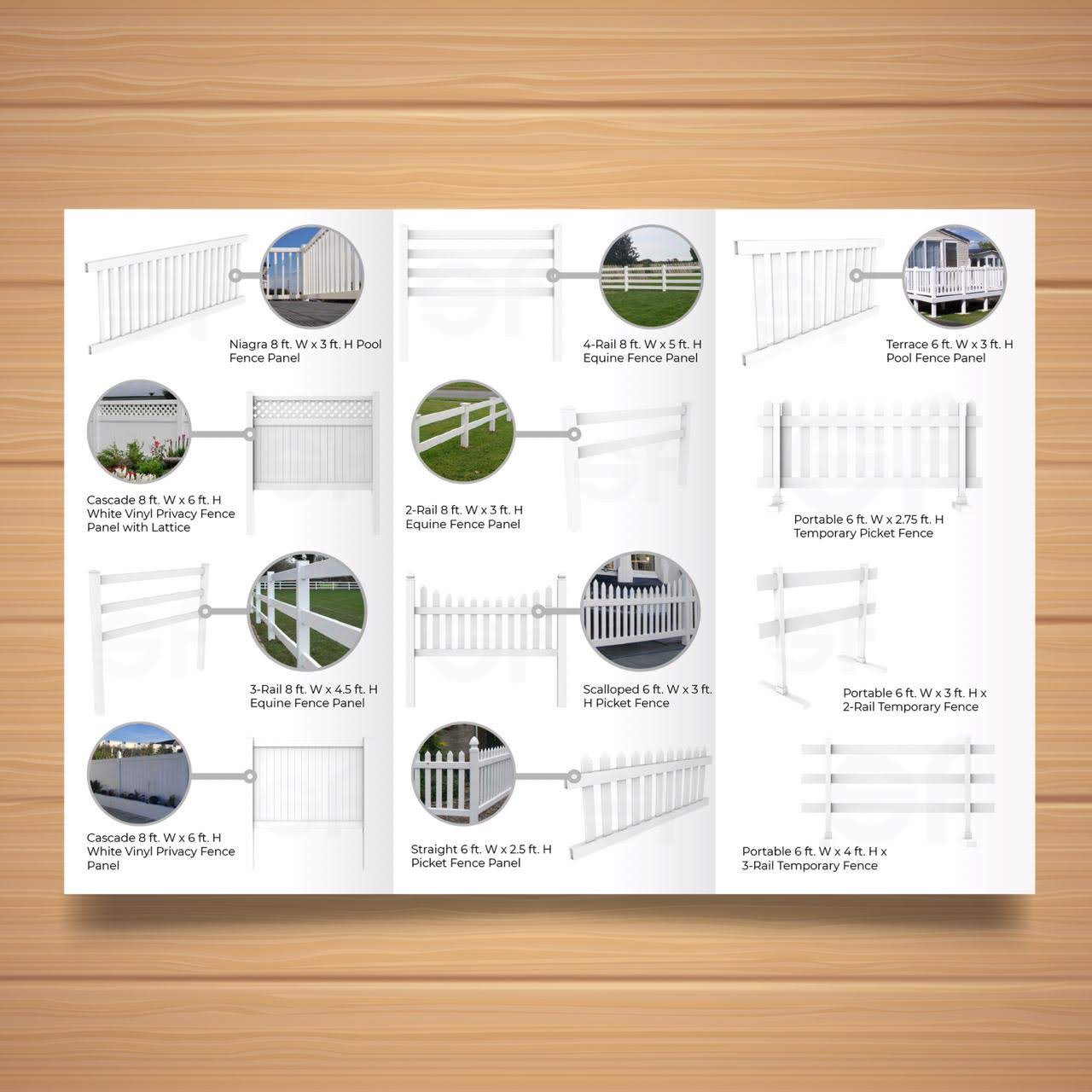 Catalogue with various fence panels, top to bottom: Pool Fence, Privacy Fence with Lattice, 3-Rail Fence, Privacy Fence, 4-Rail Fence, 2-Rail Fence, Scalloped Fence, Straight Picket Fence, Terrace Fence, Portable Fence, Temporary Fence