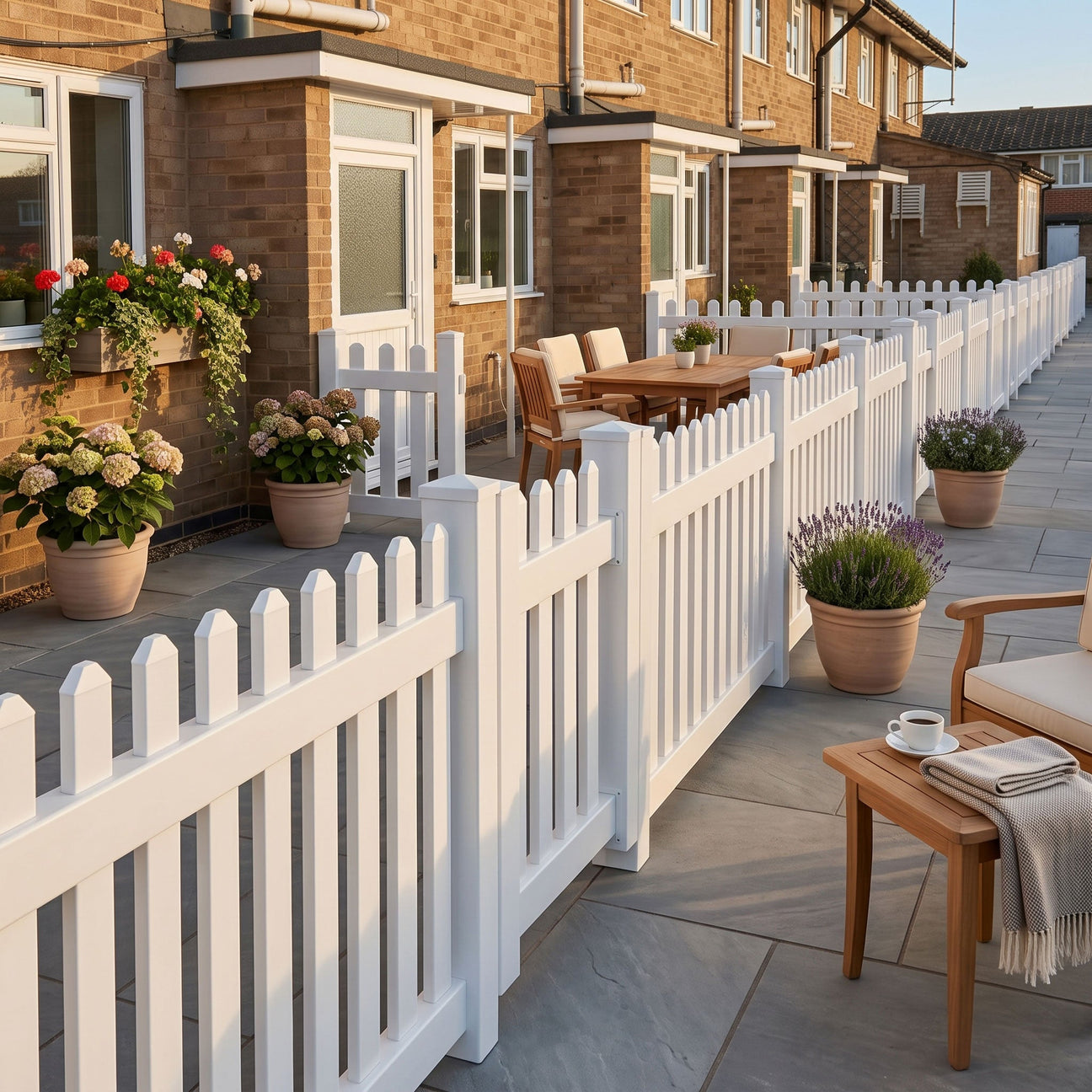 White 3ft straight-top PVC picket fence running along a terrace patio