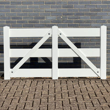 Load image into Gallery viewer, 3-Rail White Vinyl Equine Fence Gate with diagonal brace, measuring 6 feet (1.83 meters) in width and 4.5 feet (1.37 meters) in height.