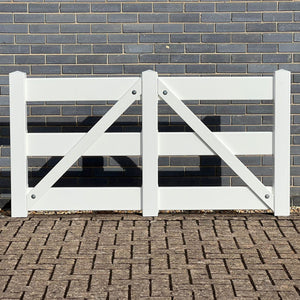 3-Rail White Vinyl Equine Fence Gate with diagonal brace, measuring 6 feet (1.83 meters) in width and 4.5 feet (1.37 meters) in height.