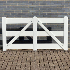 3-Rail White Vinyl Equine Fence Gate with diagonal brace, measuring 6 feet (1.83 meters) in width and 4.5 feet (1.37 meters) in height.