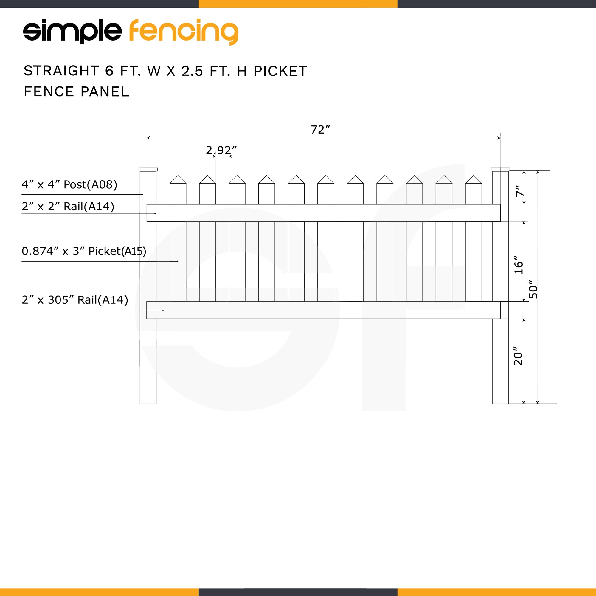 Classic Straight Top Picket Fence Panel | 6ft x 2.5ft (183cm x 76cm) - Simple Fencing