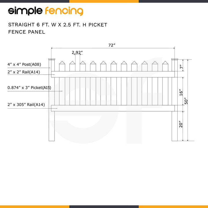 Classic Straight Top Picket Fence Panel | 6ft x 2.5ft (183cm x 76cm) - Simple Fencing