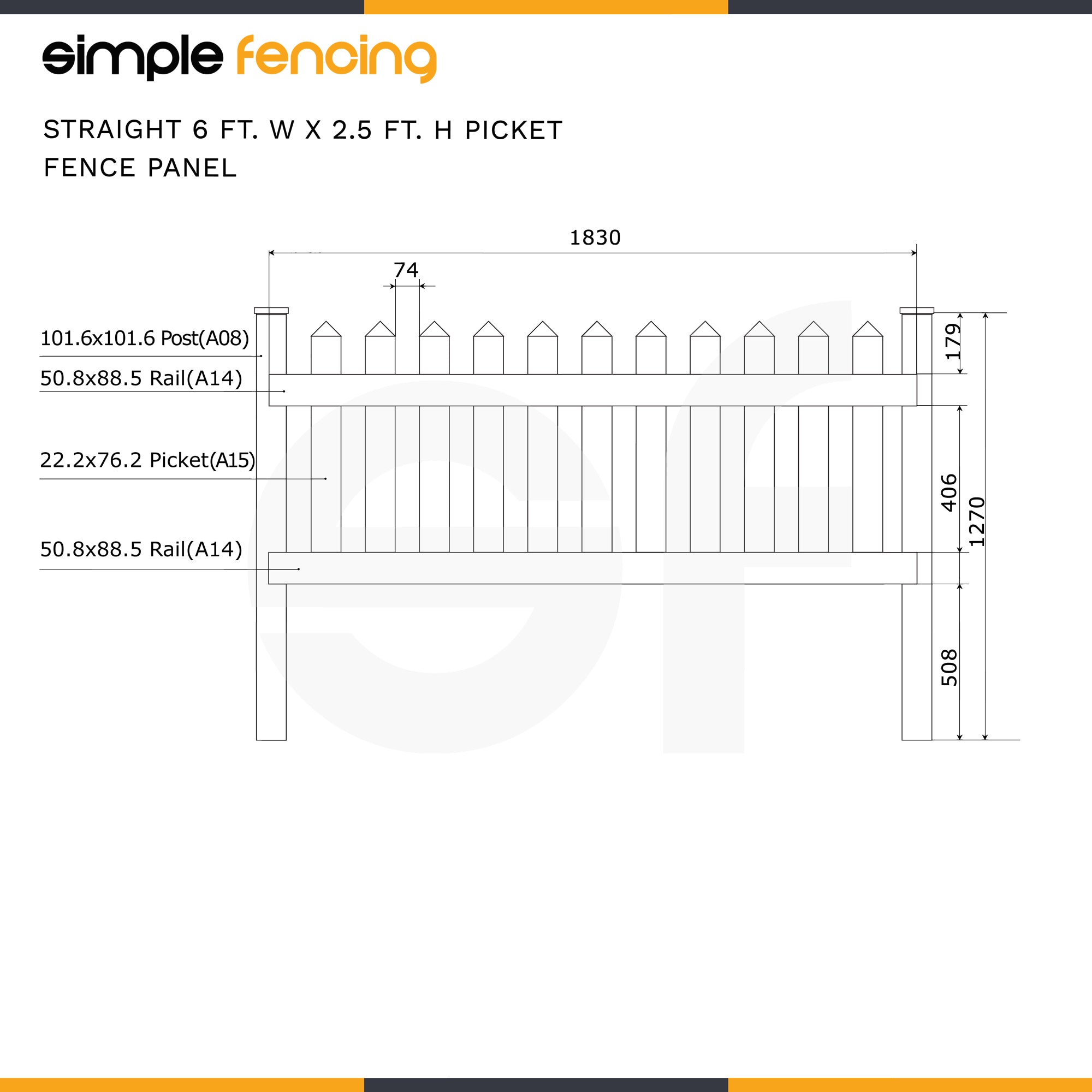 Classic Straight Top Picket Fence Panel | 6ft x 2.5ft (183cm x 76cm) - Simple Fencing
