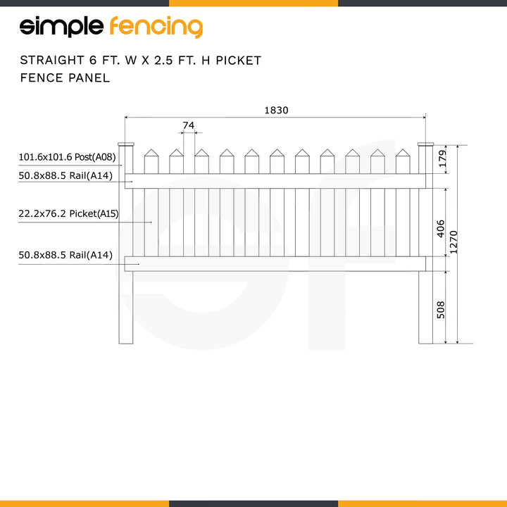Classic Straight Top Picket Fence Panel | 6ft x 2.5ft (183cm x 76cm) - Simple Fencing