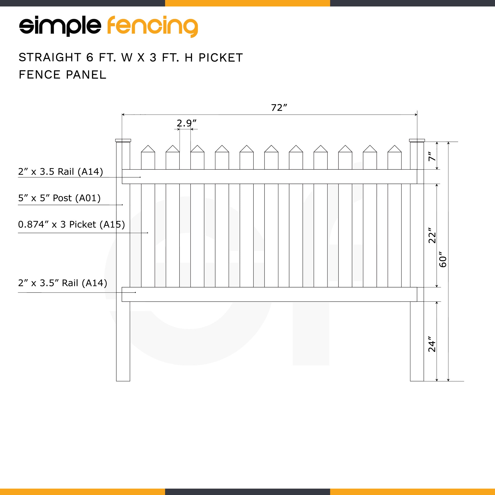 Classic Straight Top Picket Fence Panel | 6ft x 3ft (183cm x 91cm) - Simple Fencing