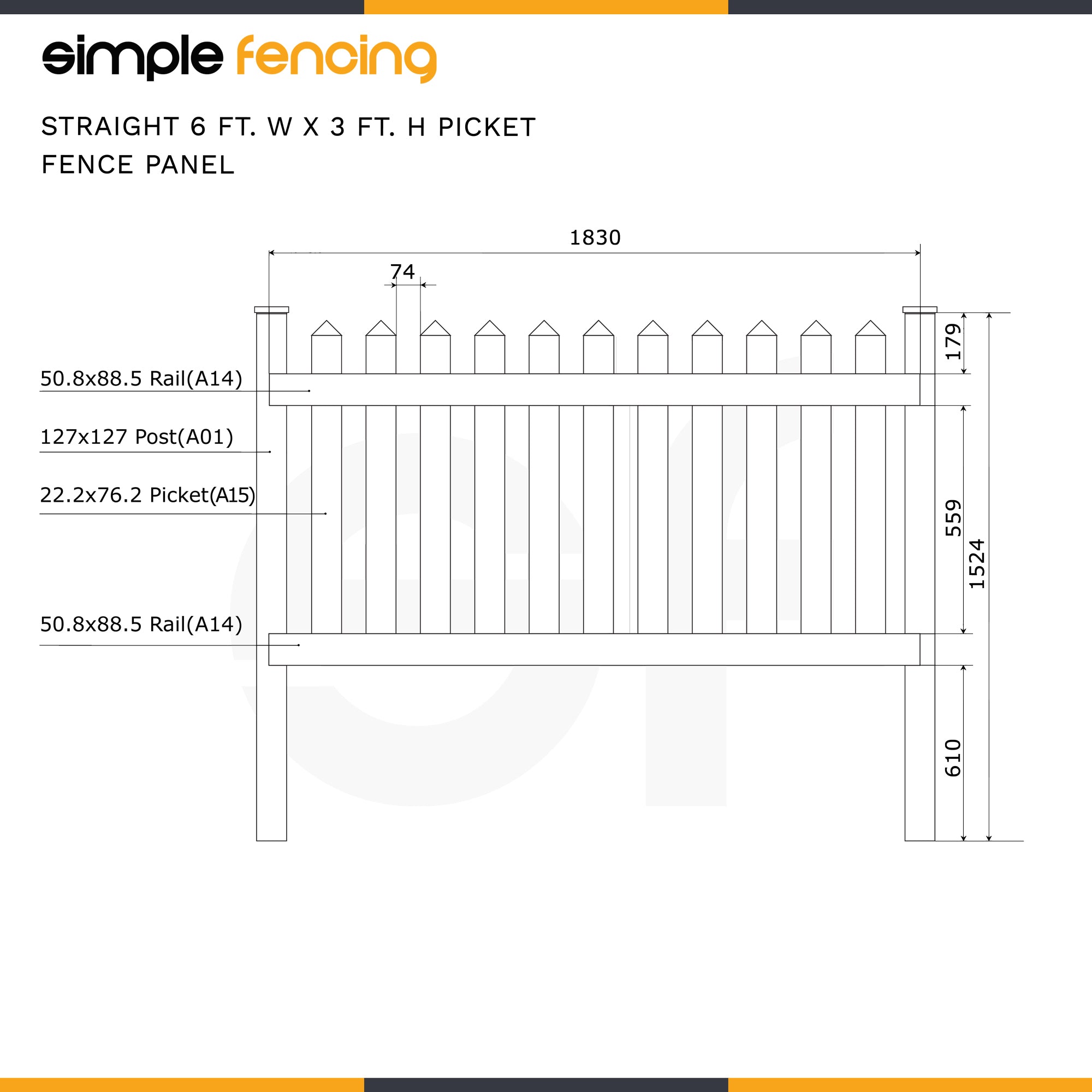 Classic Straight Top Picket Fence Panel | 6ft x 3ft (183cm x 91cm) - Simple Fencing
