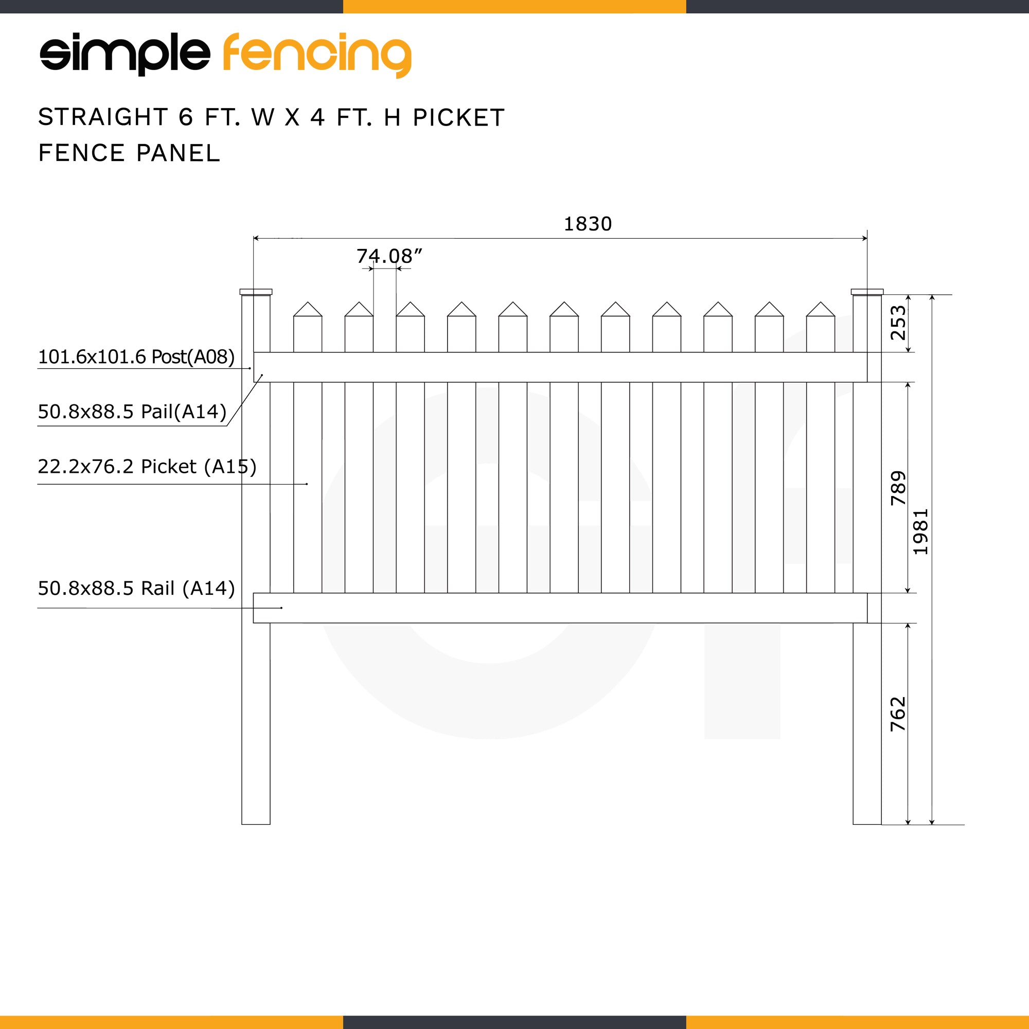 Classic Straight Top Picket Fence Panel | 6ft x 4ft (183cm x 122cm) - Simple Fencing