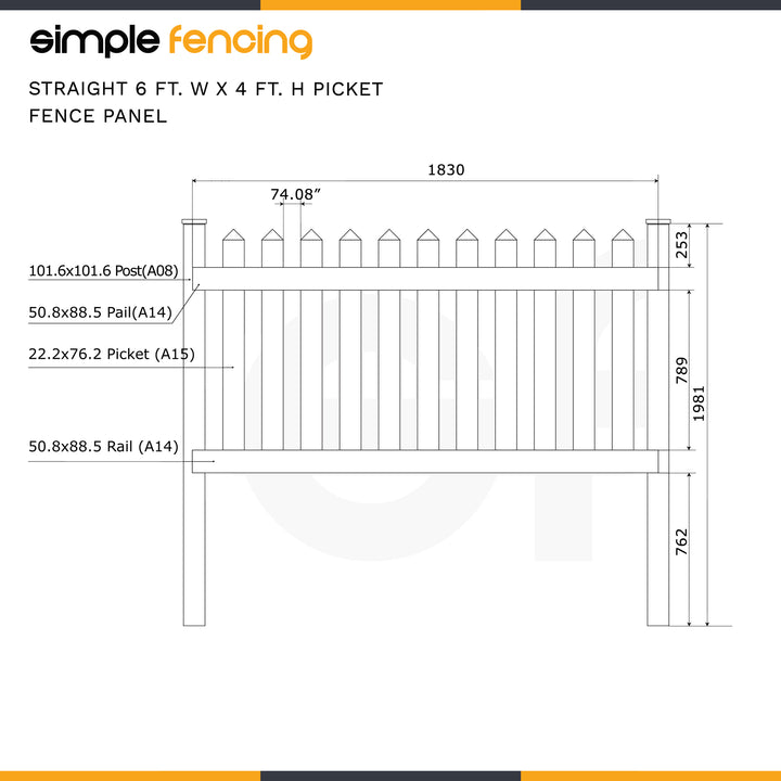 Classic Straight Top Picket Fence Panel | 6ft x 4ft (183cm x 122cm) - Simple Fencing