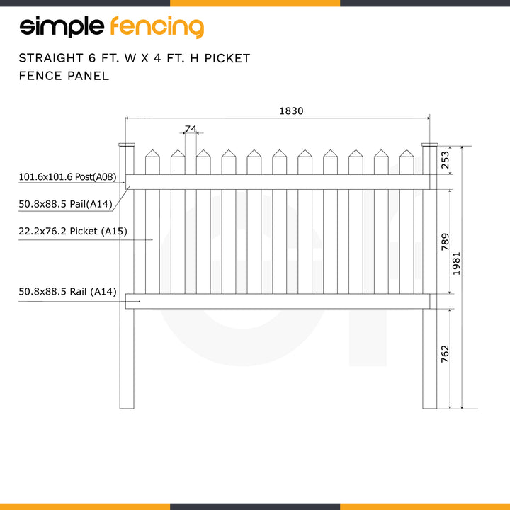 Classic Straight Top Picket Fence Panel | 6ft x 4ft (183cm x 122cm) - Simple Fencing