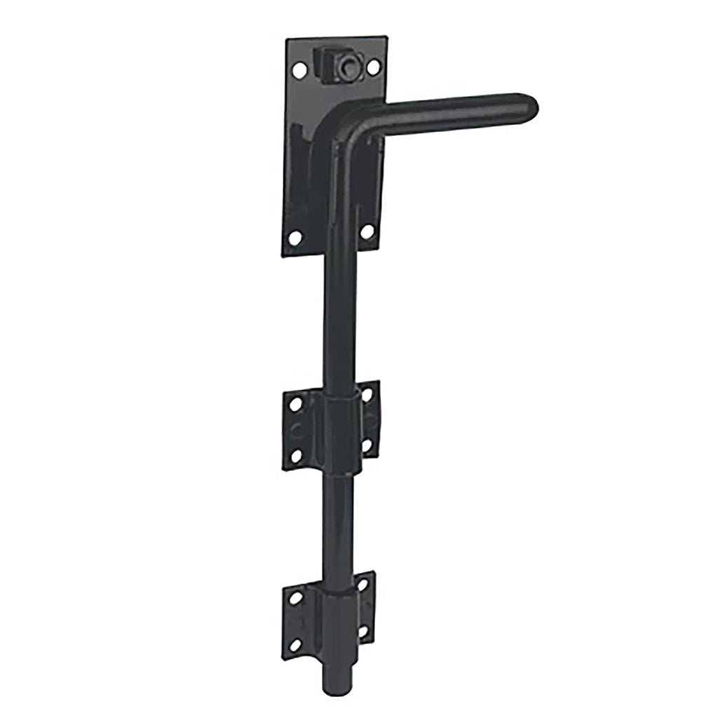 Black metal gate drop bolt on a white background