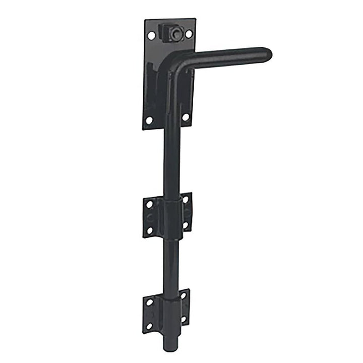 Black metal gate drop bolt on a white background