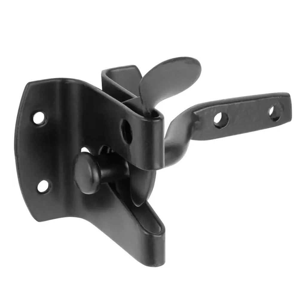 Black metal gate latch on a white background
