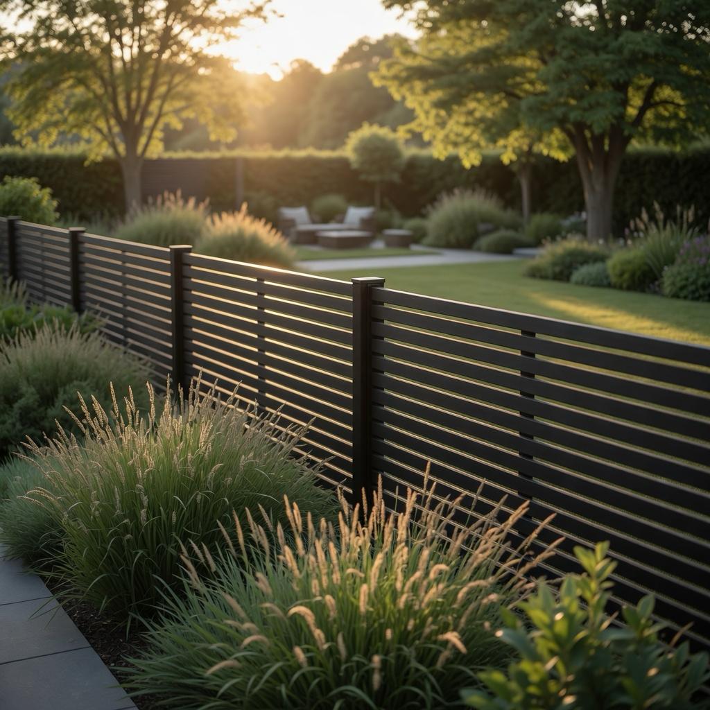 Concept render of Lamella 50 dark charcoal horizontal slat fencing in a landscaped garden at sunset, with ornamental grasses in the foreground and a lawn beyond.