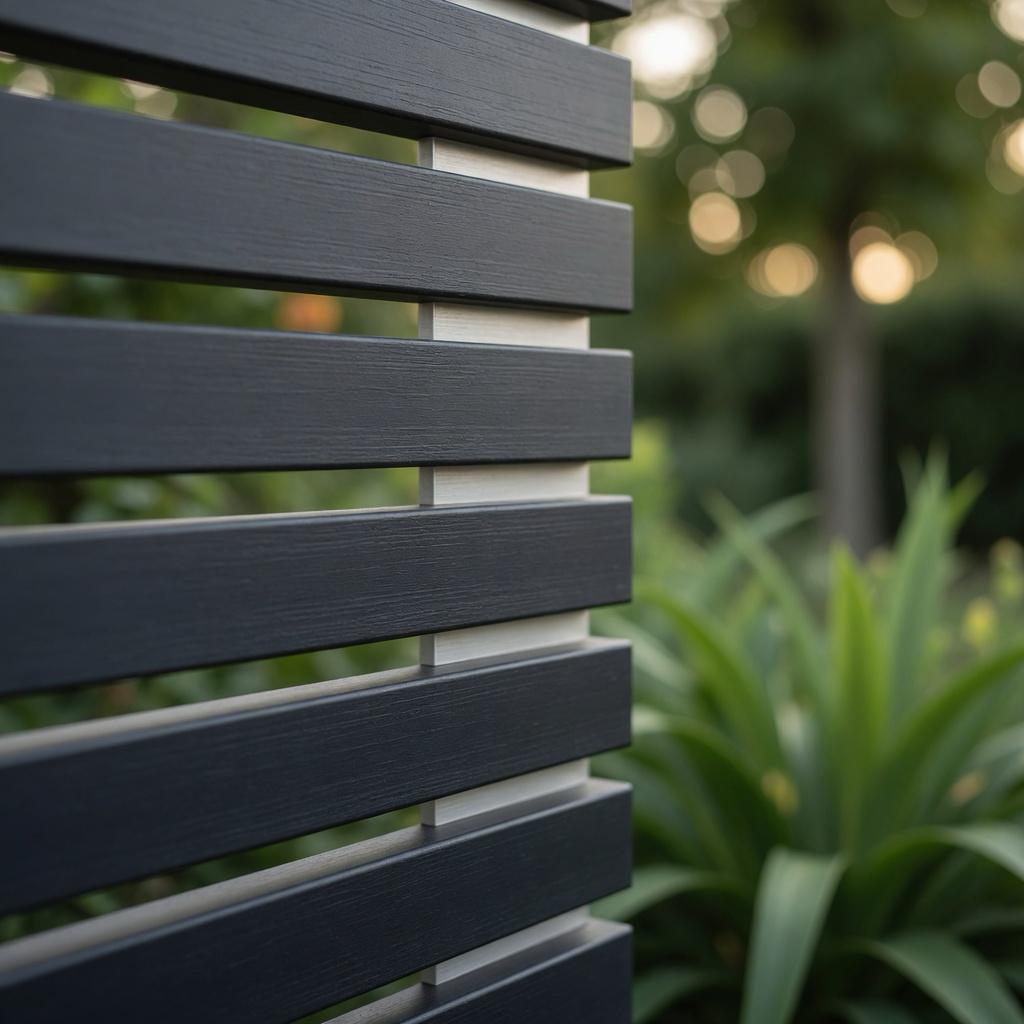 Close-up concept render of Lamella 50 charcoal horizontal slats mounted on a light aluminium post, showing slat spacing and wood-grain texture against a blurred garden background.