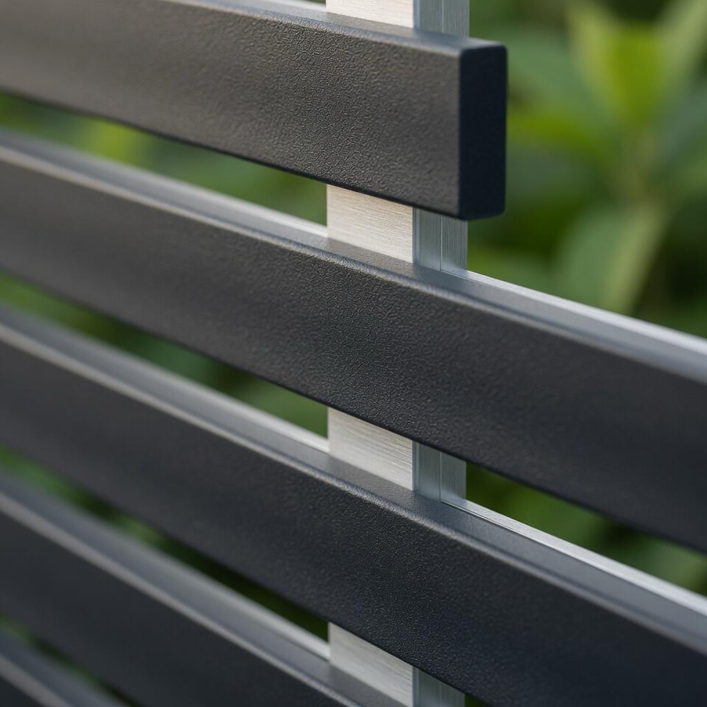 Close-up concept render of Lamella 50 anthracite horizontal slats against a brushed silver aluminium post, highlighting the matte textured finish and even gaps between slats.