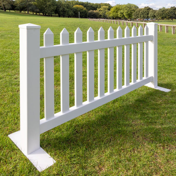 Portable Classic Straight Picket Fence Panel in white vinyl with flat-top pickets and steel base mounts, 6ft x 3ft 5in (180cm x 104cm) by Simple Fencing.