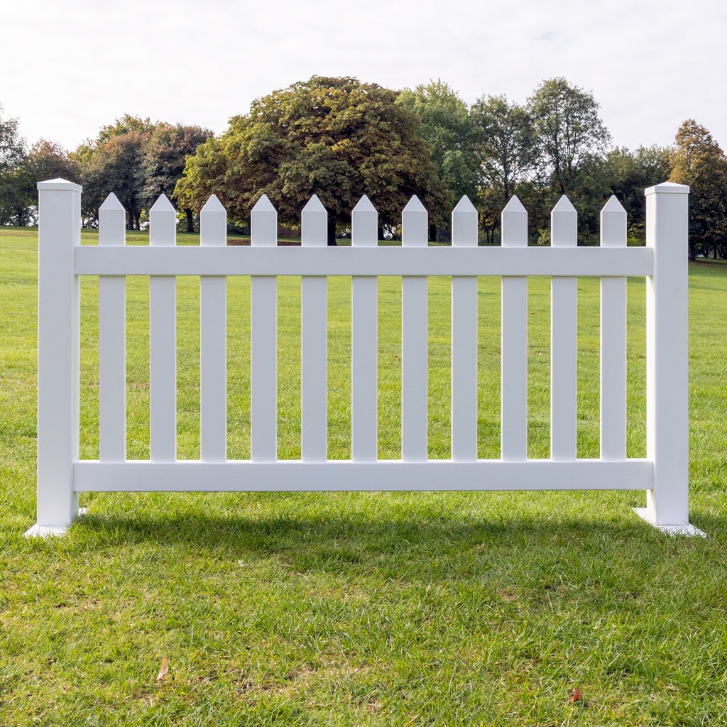 Portable Classic Straight Picket Fence Panel in bright white vinyl with Gothic-pointed pickets and sturdy steel base plates, 6ft x 3ft 5in (180cm x 104cm) – Simple Fencing.