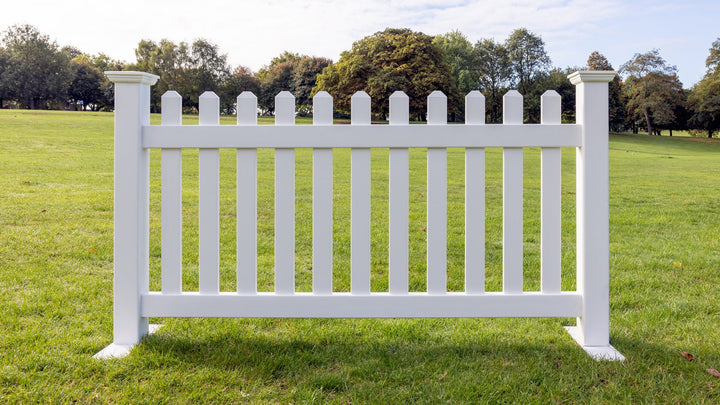 Portable Classic Straight Picket Fence Panel in premium white vinyl with evenly spaced vertical pickets and steel support bases, 6ft x 3ft 5in (180cm x 104cm) freestanding fence by Simple Fencing.
