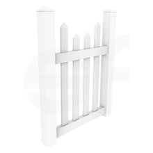 Load image into Gallery viewer, Scalloped 3 ft. W x 4 ft. H White Vinyl Fence Gate - Isometric View by Simple Fencing | simplefencing.co.uk