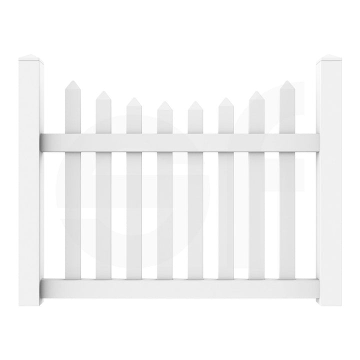 Scalloped 3 - 4 - 5 ft. W x 4 ft. H White Vinyl Picket Fence Gate - Simple Fencing