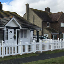 Load image into Gallery viewer, White picket fence panels and a gate in front of the house (Straight line of picket fence 6 ft. W x 2.5 ft. H fence) - Installation front view with simplefencing.co.uk